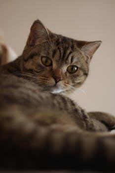 Charming close-up of a tabby cat with intense gaze, showcasing its vibrant fur.