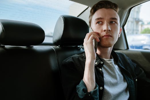 A young man talking on his phone while sitting in the backseat of a car.