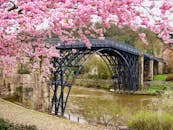 春天，河上历史悠久的铁桥在樱花的映衬下显得格外美丽