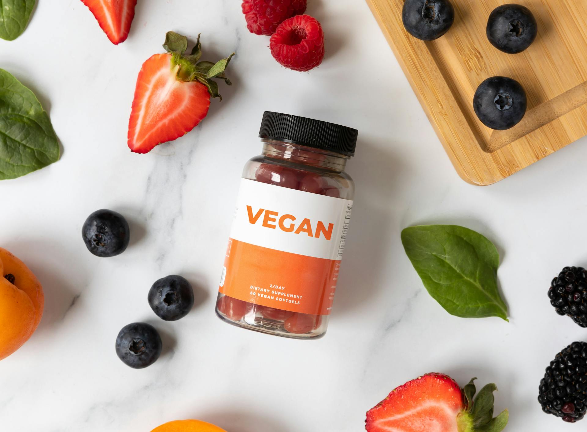 Overhead Shot of a Bottle of Vegan Supplements