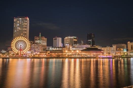 夜晚的城市景观令人惊叹，海滨倒映着照亮的摩天轮，科比的风采尽显其中