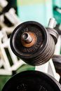 Barbell stand with weight plates in gym