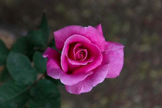 A vibrant pink rose in bloom with detailed petals and lush green leaves captured in West Java, Indonesia.