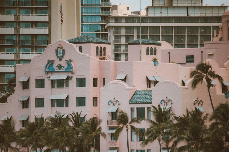 Facade of the Royal Hawaiian Hotel with pink concrete in Waikiki