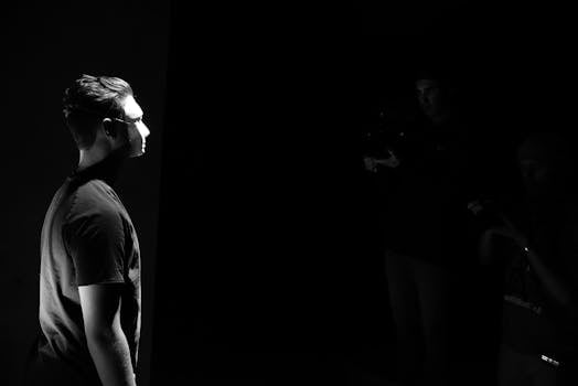 A moody black and white portrait of a man in a spotlight, with a dark background and dramatic lighting.
