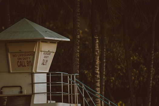 Lifeguard tower on a beach in Honolulu with tropical palm trees at dusk.
