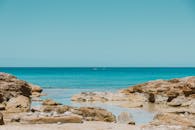 宁静的海滩场景与蓝色的海洋和岩石海岸，完美的放松