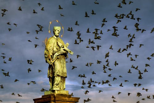 Flock of Birds Flying Over the Statue of St. John of Nepomuk