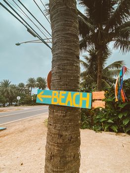 热带公路旁棕榈树间的活力海滩标志，邀请着游客前往夏威夷