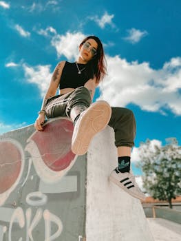 A stylish young woman with tattoos poses confidently at a skate park, showcasing her unique personality.