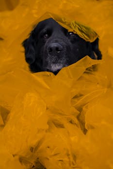 A black dog peeks through bright yellow plastic for a vivid contrast.