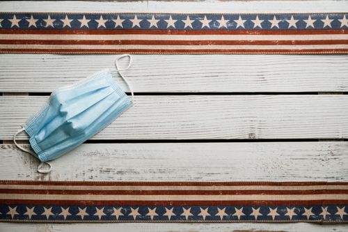 Free Top view of face mask placed on wooden table decorated with ribbons with United States flag pattern Stock Photo