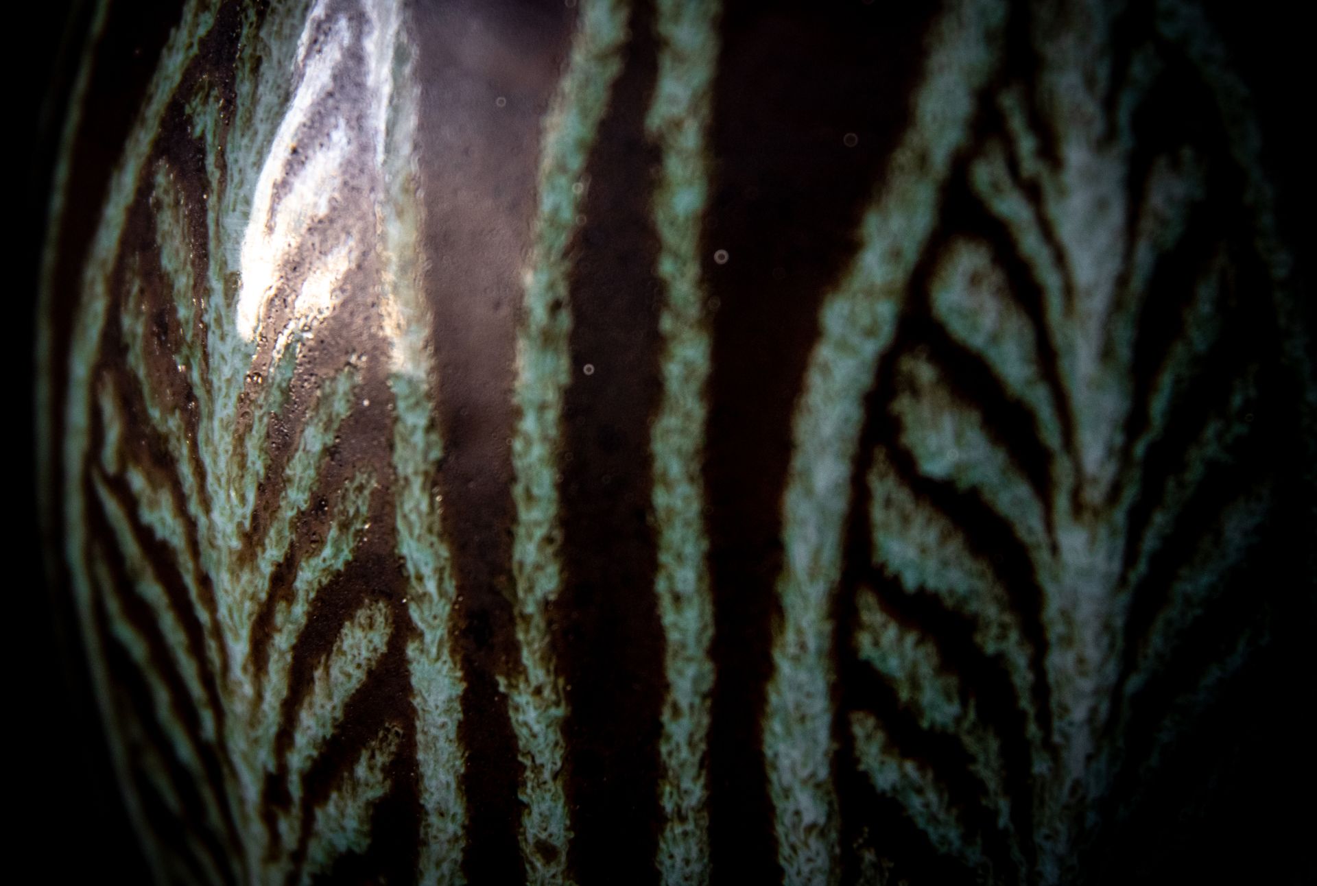 A close-up shot of a textured ceramic surface with intricate dark patterns, highlighting artistic design.