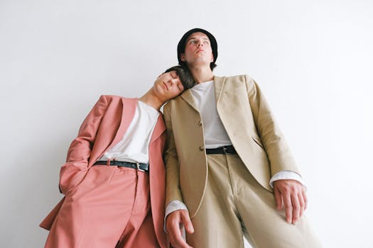 Low-angle portrait of two men in stylish pastel suits, showcasing modern fashion.