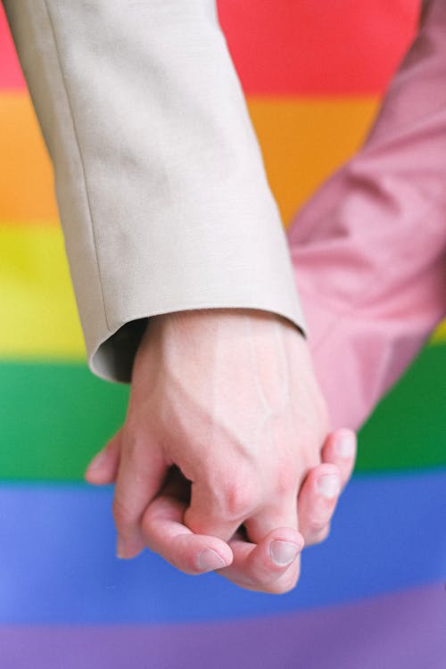 Free People Holding Hands With Gay Pride Flag in Background Stock Photo