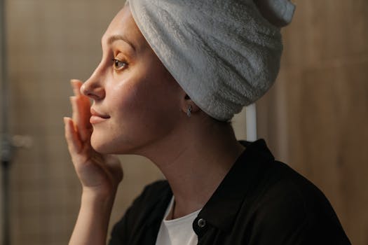 A woman applying skincare for a radiant skin routine.