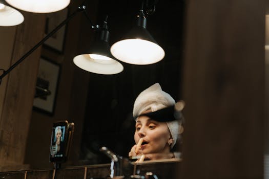 Woman in bathroom applying makeup with a head towel and mirror reflection