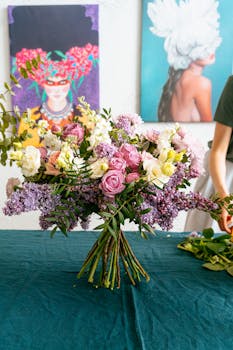 一束充满活力的什锦鲜花摆在桌上，背景是色彩缤纷的艺术品