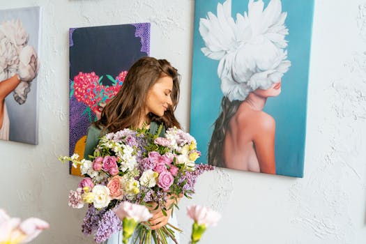 一位手持鲜花的女子站在色彩缤纷的画作前，将自然与艺术融为一体