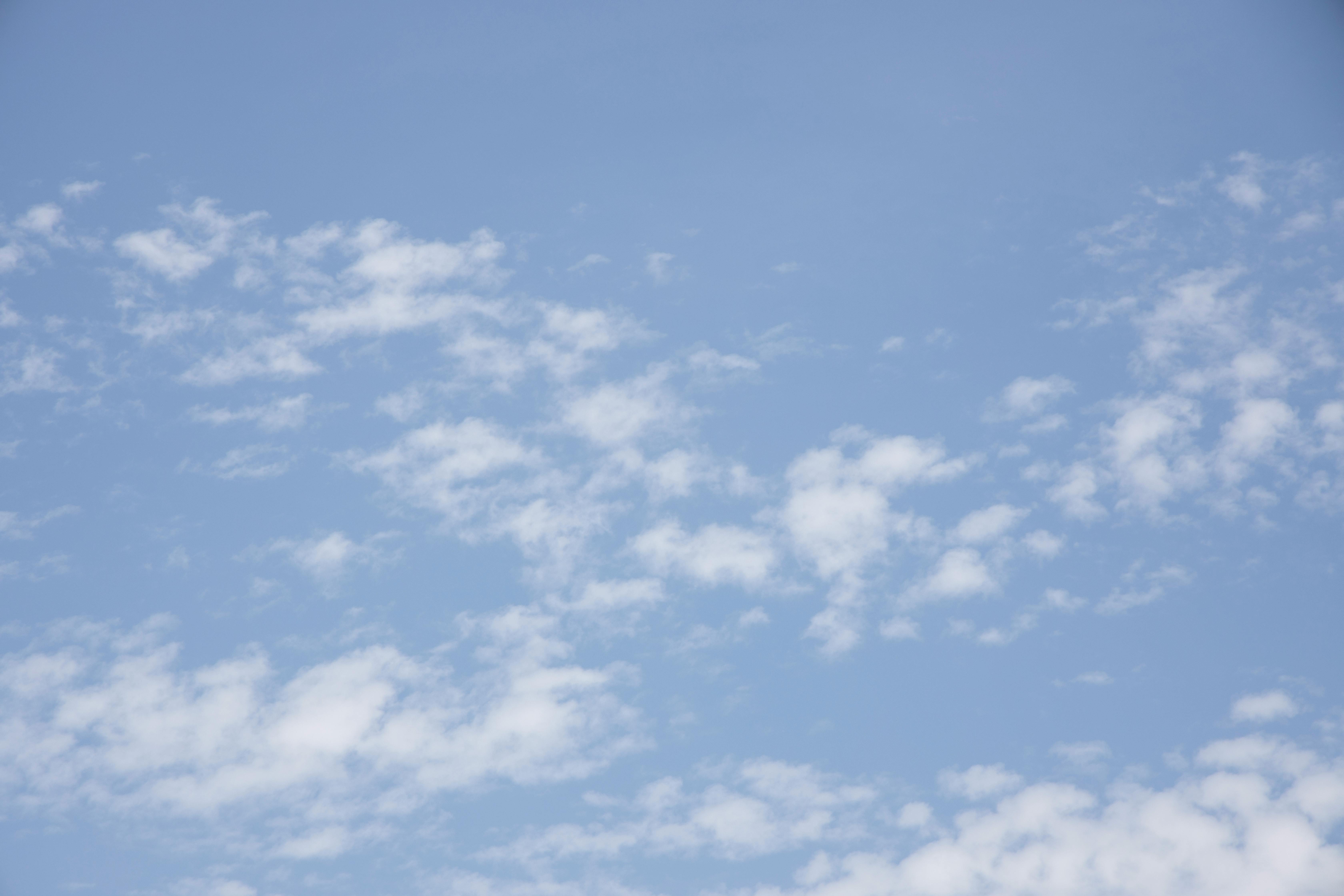 A bright blue sky filled with scattered cumulus clouds, creating a peaceful and open atmosphere.