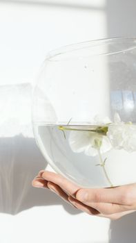 在明亮的灯光下，一只精致的手握着一只清澈的玻璃鱼缸，里面浸着一朵白花