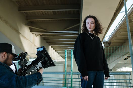 A director captures a scene with an actor standing under a modern bridge.