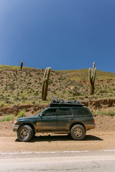 Dusty SUV parked on a scenic desert road in Jujuy, Argentina, under a clear blue sky.
