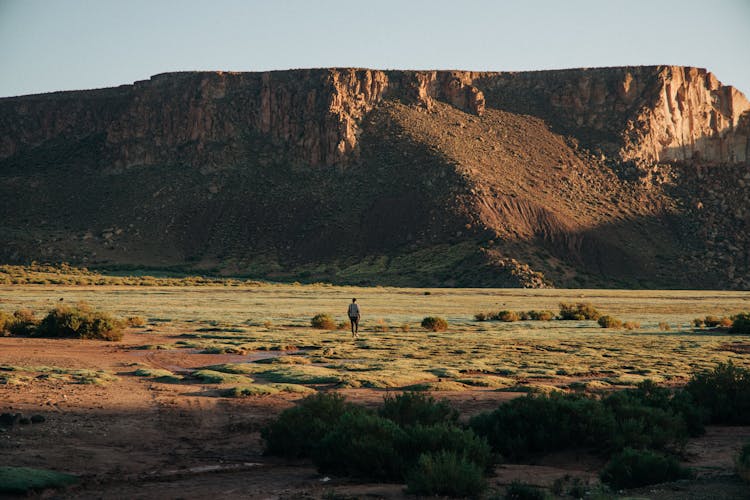 Person Walking On Green Grass Field Near A Mountain