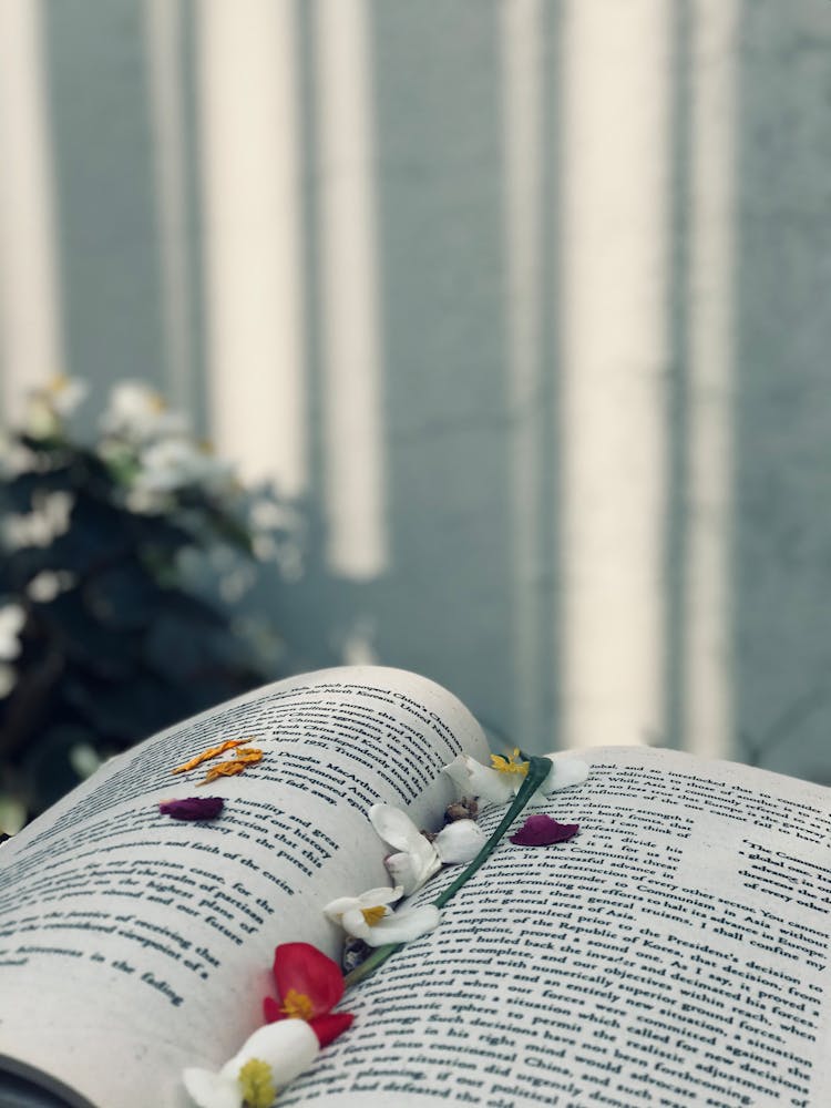 Open Book With Floral Bookmark In Flat