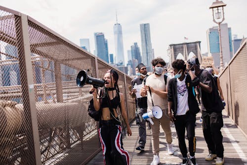 Free Protesters at Brooklyn Bridge Stock Photo