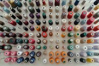 自上而下展示了为缝纫项目整齐排列的各种彩色卷轴