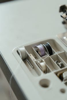 Detailed view of a sewing machine bobbin holder with thread spools.
