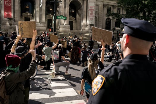 A group of protesters kneeling on Fifth Ave during a justice demonstration, monitored by police.