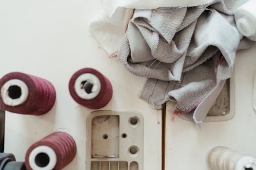 Flat lay of sewing materials including spools of thread and fabric on a workbench, ideal for crafting and textile themes.