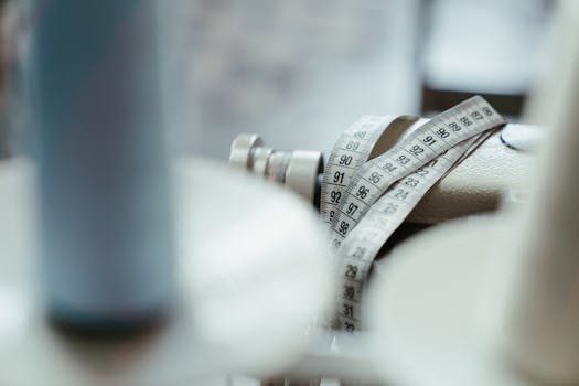 A sewing machine with a measuring tape draped over, emphasizing tailoring and craftsmanship.