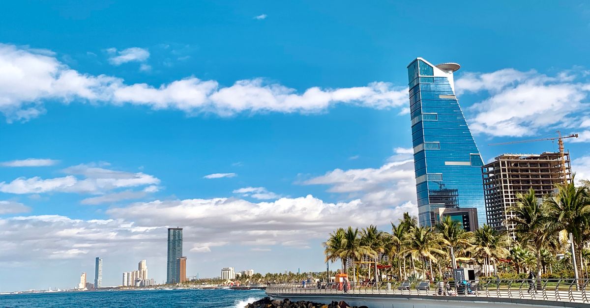 Vibrant urban landscape of Jeddah's coastline. Captivating cityscape with striking architecture.