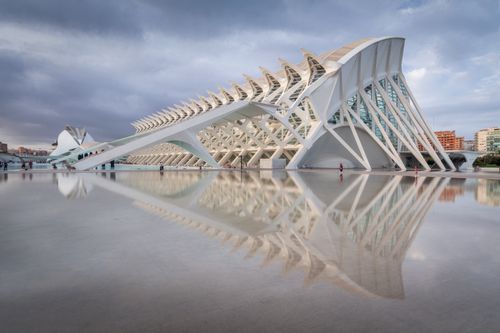 Free Striking architectural design at the City of Arts and Sciences, Valencia reflecting in calm waters. Stock Photo