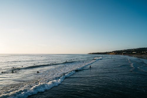 Free Picturesque view of seabirds swimming on rippled sea with horizon behind mount under sky at sundown Stock Photo