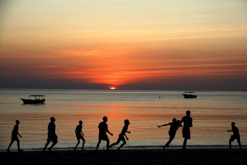 grátis Pessoas Brincando Na Costa Durante O Pôr Do Sol Foto profissional
