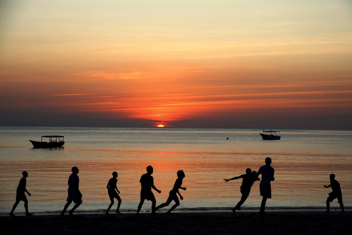 People Playing on Shore during Sunset