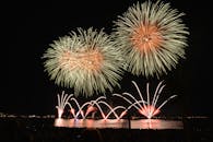 绚丽的烟花照亮了海滨夜空中拥挤的人群，定格了节日的欢庆时刻