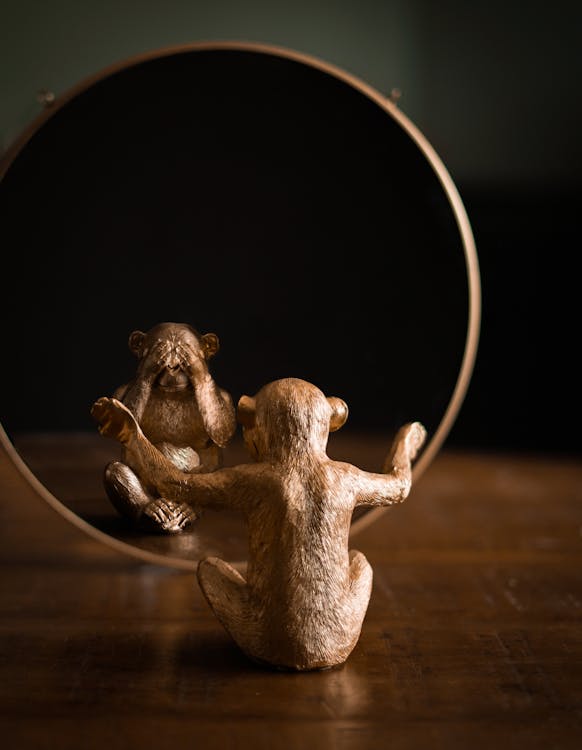 Ornamental statuette in form of macaque reflecting differently in mirror on wooden table at home