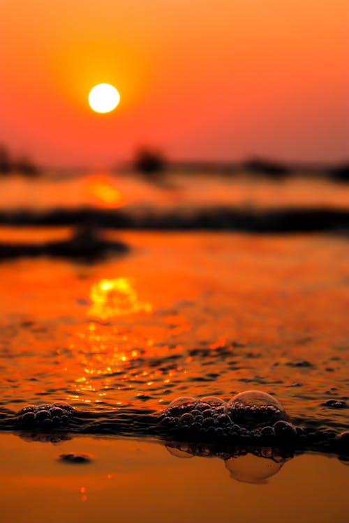 Colorful sun in sky over shiny ocean with bubbles on water at sundown
