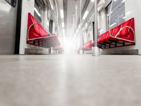 Low-angle view of a modern subway car interior with red seats and stainless steel fixtures, well-lit and empty.