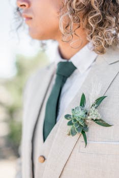 一名男子身穿米色西装，打着绿色领带，梳着多汁发髻的特写镜头