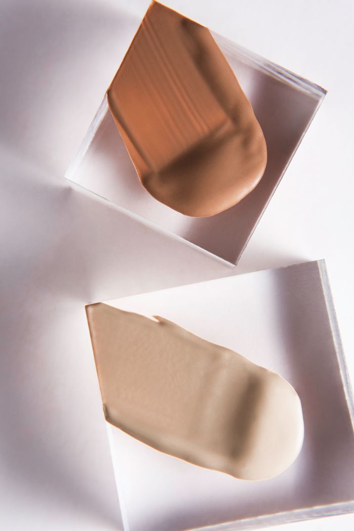 Two swatches of skin-tone pigment blended side by side to show shade matching