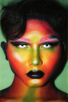 Close-up portrait of a person with vibrant and colorful face makeup.