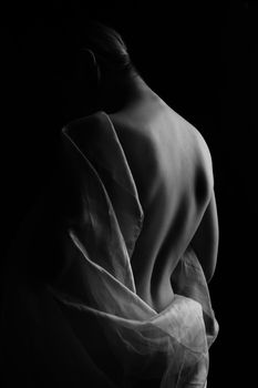 Elegant black and white nude portrait highlighting the sensual curves of the back.