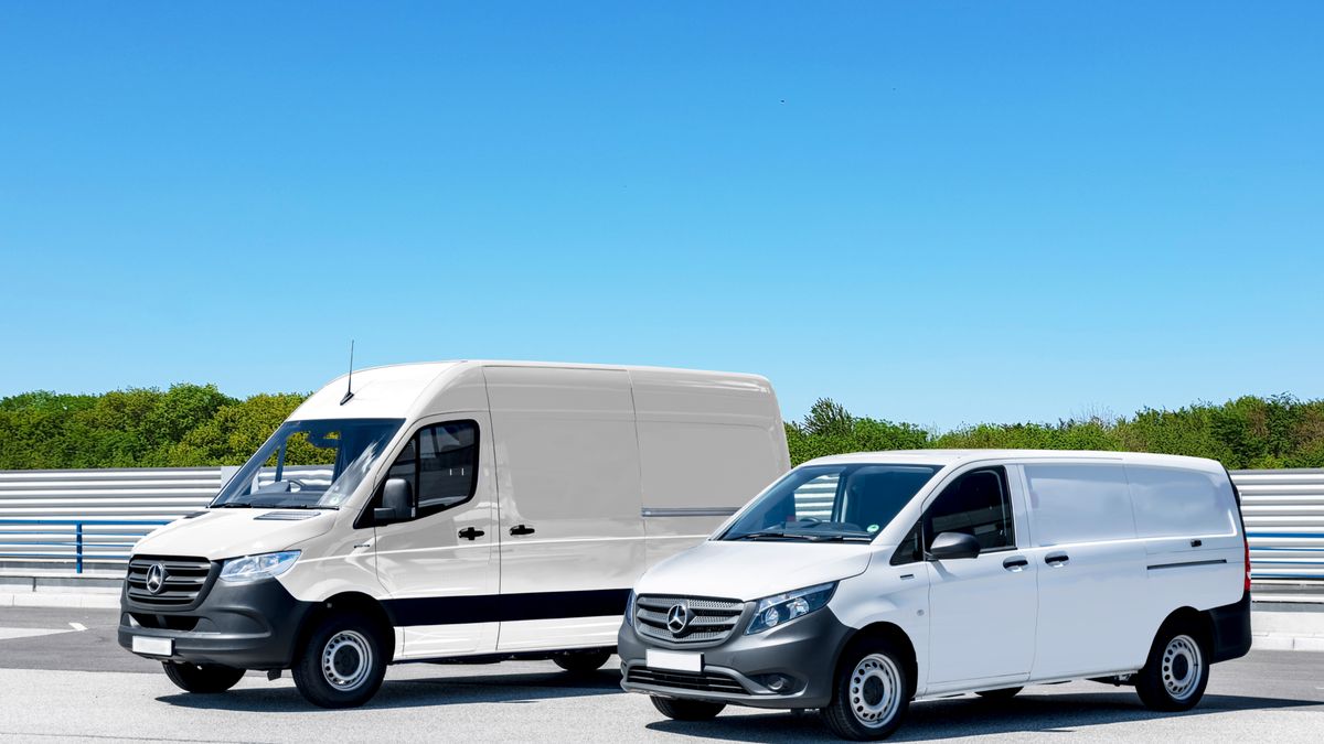 A high-roof white van and a smaller white panel van parked side by side, the vehicles contractor accommodation with van parking needs to fit