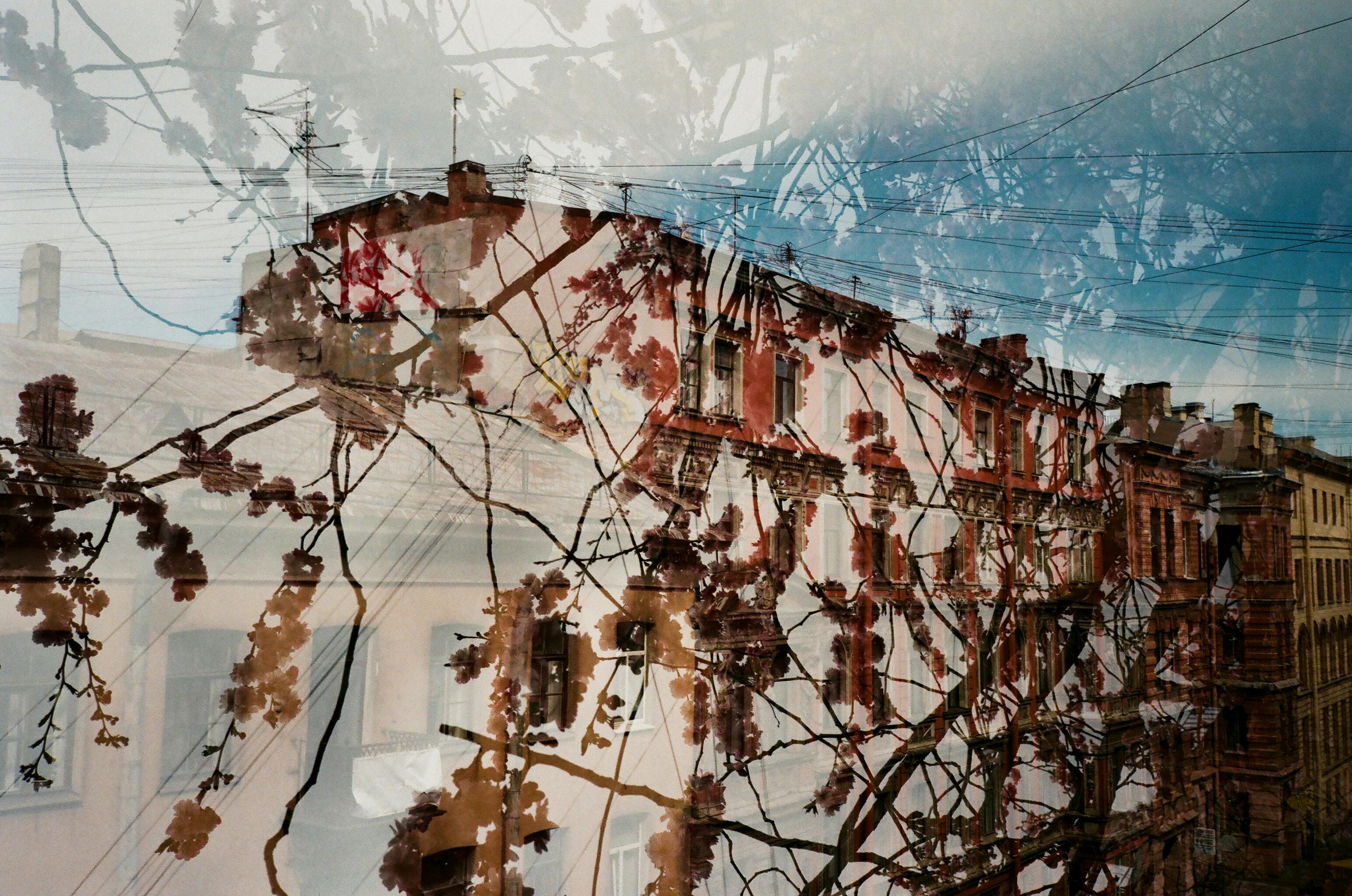 Through glass of long thing wires against blue sky over tall multi storey construction